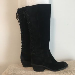 Sofft black suede low heeled boots with leather tie up on back of boot.